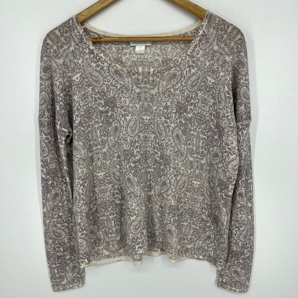 Garnet Hill Womens XS Grey Paisley 100% Merino Wool Lightweight Pullover Sweater